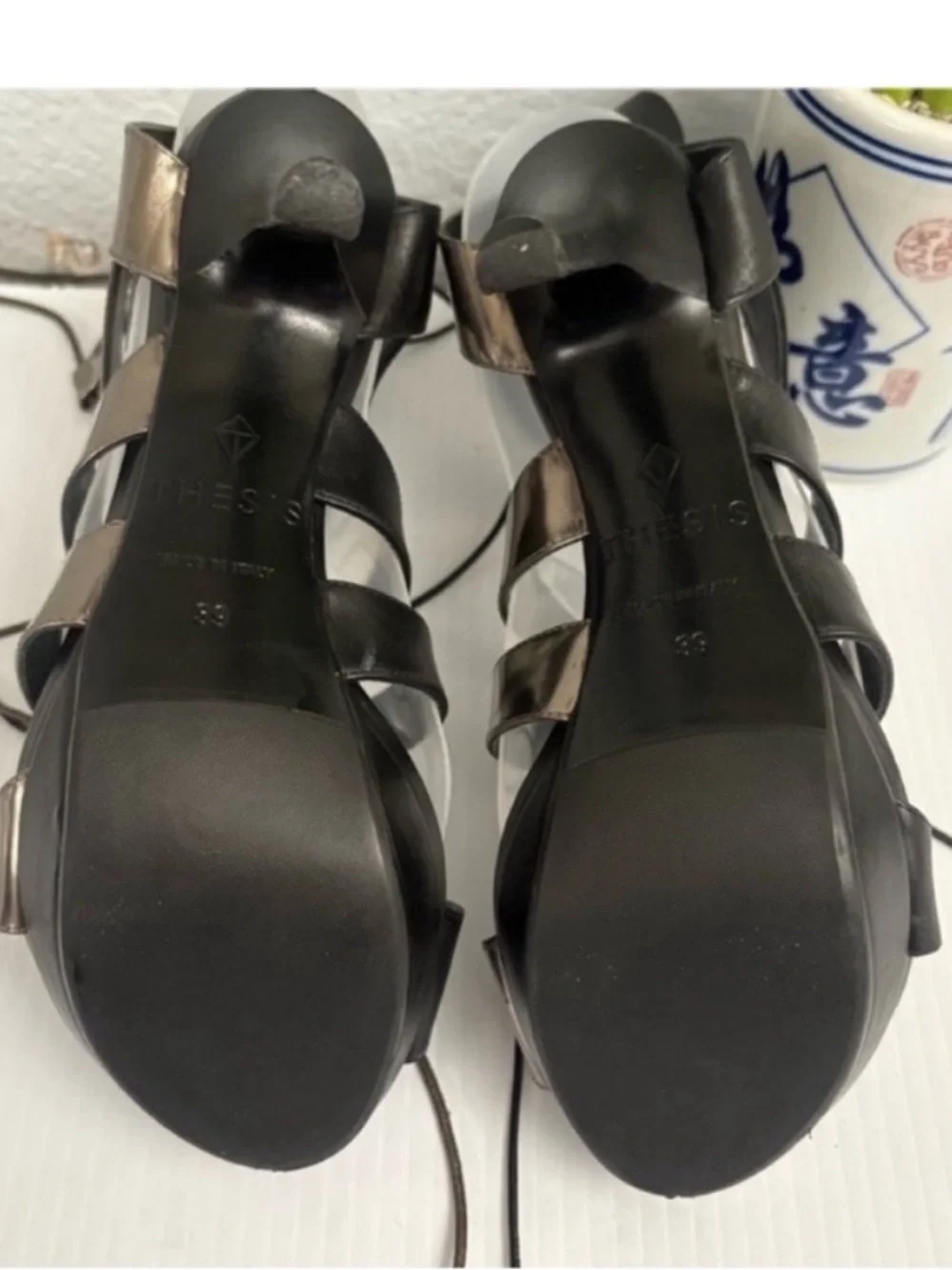 THESIS Couture Gladiator Black Silver Metallic Strappy High Heel Sandals Sz 39